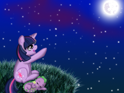 Size: 640x480 | Tagged: safe, artist:hellboundpromises, derpibooru import, spike, twilight sparkle, dragon, baby, baby dragon, filly, moon, newborn