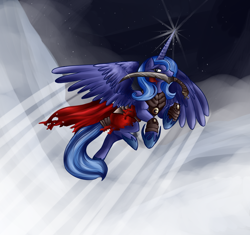 Size: 1558x1462 | Tagged: safe, artist:qwert5, princess luna, alicorn, pony, armor, flying, mouth hold, prince of persia, solo, stars, sword, warrior luna, warrior within, weapon