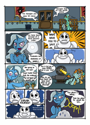 Size: 682x951 | Tagged: safe, artist:chaos-flare44, derpibooru import, lyra heartstrings, snails, snips, trixie, bibendum, comic, juice box, michelin man, sitting lyra, wheel