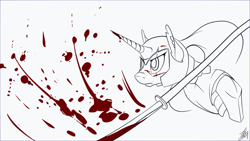 Size: 1280x720 | Tagged: safe, artist:tlatophat, princess luna, alicorn, pony, armor, badass, blood, lunadoodle, minimalist, scar, solo, weapon