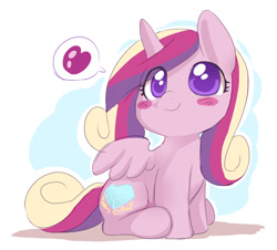 Size: 560x507 | Tagged: safe, artist:ende26, princess cadance, alicorn, pony, blushing, chibi, cute, cutedance, daaaaaaaaaaaw, heart, missing accessory, pictogram, sitting, smiling, solo, speech bubble, younger