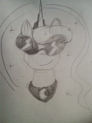 Size: 667x889 | Tagged: safe, artist:breadcipher, princess luna, alicorn, pony, glasses, looking at you, lunadoodle, monochrome, pencil drawing, photo, portrait, sketch, smiling, solo, sunglasses, traditional art