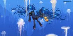 Size: 1280x640 | Tagged: safe, artist:nyatuxi, princess luna, alicorn, fish, jellyfish, pony, blue background, blue eyes, blue mane, blue tail, bubble, crepuscular rays, crown, cute, digital art, ethereal mane, ethereal tail, eye clipping through hair, feather, female, flowing mane, flowing tail, folded wings, glowing, happy, holding breath, hoof shoes, horn, jewelry, long horn, looking at each other, looking at someone, mare, ocean, peytral, puffy cheeks, regalia, seaweed, signature, simple background, smiling, solo, sunlight, swimming, tail, underwater, water, wings