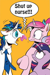 Size: 365x549 | Tagged: safe, idw, princess cadance, shining armor, twilight sparkle, alicorn, pony, unicorn, spoiler:comic, exploitable meme, markiplier, meme, screaming armor, warfstache