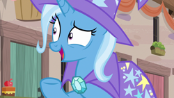 Size: 1280x720 | Tagged: safe, derpibooru import, screencap, trixie, pony, to where and back again, cape, clothes, hat, solo, trixie's cape, trixie's hat