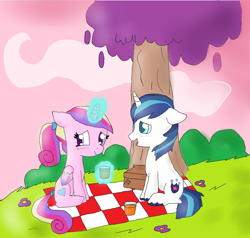 Size: 1024x975 | Tagged: safe, artist:xxtarathechibixx, princess cadance, shining armor, alicorn, pony, unicorn, blushing, bow, colt, cup, cute, cutedance, drink, female, filly, floppy ears, looking away, magic, male, picnic, picnic basket, picnic blanket, shining adorable, shiningcadance, shy, smiling, straight, tail bow, younger