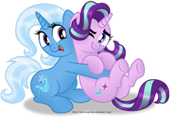 Size: 1600x1129 | Tagged: safe, artist:aleximusprime, derpibooru import, starlight glimmer, trixie, pony, unicorn, cute, diatrixes, duo, female, glimmerbetes, happy, hug, looking at each other, mare, one eye closed, open mouth, raised eyebrow, simple background, sitting, smiling, transparent background, underhoof