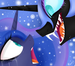 Size: 1024x904 | Tagged: safe, artist:dragonfoxgirl, nightmare moon, princess luna, alicorn, pony, crying, dr jekyll and mr hyde, duality