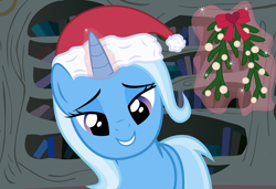 Size: 1600x1093 | Tagged: safe, derpibooru import, trixie, bedroom eyes, bronybait, grin, hat, imminent kissing, levitation, looking at you, magic, mistletoe, santa hat, smiling, telekinesis