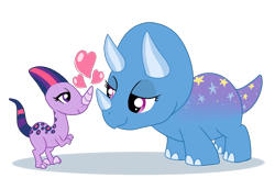 Size: 1500x970 | Tagged: safe, artist:madmax, derpibooru import, trixie, twilight sparkle, dinosaur, heart, namesake, night at the museum, pun, shipping, simple background, species swap, toy story, toy story 3, transparent background, triceratops, twixie, wat