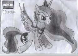 Size: 3510x2550 | Tagged: safe, artist:ocredan, princess luna, alicorn, pony, monochrome, solo