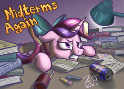 Size: 2100x1500 | Tagged: safe, artist:flavinbagel, princess cadance, alicorn, pony, energy drink, red bull, solo, studying, textbooks