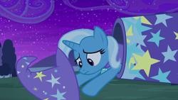 Size: 1280x720 | Tagged: safe, derpibooru import, screencap, trixie, pony, no second prances, clothes, hat, moonshot manticore mouth dive, solo, trixie's cannon, trixie's hat