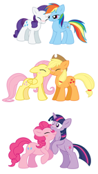 Size: 880x1544 | Tagged: safe, artist:selective-yellow, derpibooru import, applejack, fluttershy, pinkie pie, rainbow dash, rarity, twilight sparkle, unicorn twilight, earth pony, pegasus, pony, unicorn, appleshy, blush sticker, blushing, eyes closed, female, kissing, lesbian, mane six, mare, nuzzling, raridash, rearing, shipping, simple background, twinkie, white background