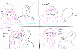 Size: 2528x1616 | Tagged: safe, artist:frikdikulous, princess cadance, oc, oc:anon, human, bed, blanket, colored lineart, comic, female, handwritten text, lineart, male, simple background, sketch, straight, surprised