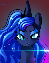 Size: 1315x1659 | Tagged: safe, artist:skyart301, princess luna, alicorn, pony, bedroom eyes, female, frown, lens flare, looking at you, mare, portrait, solo