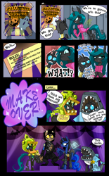 Size: 1280x2062 | Tagged: safe, artist:dinkelion, artist:jokerpony, princess luna, queen chrysalis, oc, oc:starfish, alicorn, changeling, changeling queen, diamond dog, pony, shark, ask teen chrysalis, collaboration, alien (franchise), chica, clothes, comic, costume, edward scissorhands, ellen ripley, five nights at freddy's, you tried