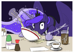 Size: 720x525 | Tagged: safe, artist:joieart, princess luna, alicorn, pony, caught, chopsticks, cute, eating, female, lunabetes, magic, majestic as fuck, mare, messy, messy eating, nom, noodles, ramen, slurping, solo