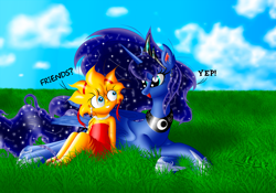 Size: 3786x2643 | Tagged: safe, artist:max, princess luna, alicorn, pony, constellation, crossover, cute, grass, lisa simpson, the simpsons, trade