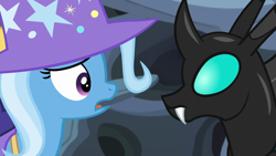 Size: 1280x720 | Tagged: safe, derpibooru import, screencap, thorax, trixie, changeling, pony, unicorn, to where and back again, clothes, hat, trixie's hat