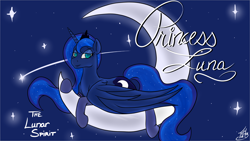 Size: 1920x1080 | Tagged: safe, artist:tlatophat, princess luna, alicorn, pony, bedroom eyes, clothes, looking at you, lying, moon, prone, socks, solo, space, spread wings, stockings, wallpaper