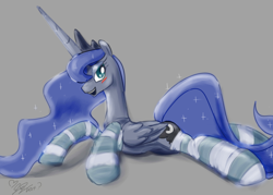 Size: 2992x2142 | Tagged: source needed, safe, artist:nadvgia, edit, princess luna, alicorn, pony, bedroom eyes, blushing, clothes, colored, i can't believe it's not johnjoseco, looking at you, lying, prone, signature, socks, solo, striped socks