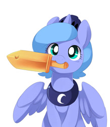 Size: 850x976 | Tagged: safe, artist:ende26, princess luna, alicorn, pony, ask, cute, female, filly, looking at you, mouth hold, simple background, smiling, solo, spread wings, sword, tumblr, weapon, white background, wooden sword, woona, woona knight