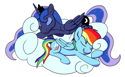 Size: 1024x635 | Tagged: safe, artist:tranquilmind, princess luna, rainbow dash, alicorn, pegasus, pony, cloud, cutie mark, duo, eyes closed, female, grin, hooves, horn, lying on a cloud, mare, nap, on a cloud, open mouth, prone, simple background, sleeping, smiling, transparent background, wings