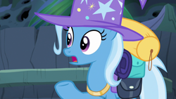 Size: 1280x720 | Tagged: safe, derpibooru import, screencap, trixie, pony, to where and back again, clothes, hat, saddle bag, solo, trixie's hat