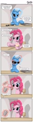 Size: 989x3600 | Tagged: safe, artist:mysticalpha, derpibooru import, pinkie pie, trixie, earth pony, pony, alicorn amulet, comic, cupcake, cute, diapinkes, no mouth, no nose, parody, sunglasses, the matrix