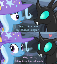 Size: 1280x1445 | Tagged: safe, derpibooru import, edit, edited screencap, screencap, thorax, trixie, changeling, pony, unicorn, to where and back again, blushing, clothes, hat, heart, implied starlight glimmer, male, offscreen character, shipper on deck, shipping, starlight shipper, straight, thoraxie, trixie's hat