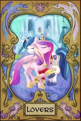 Size: 1204x1799 | Tagged: safe, artist:robd2003, princess cadance, shining armor, alicorn, pony, unicorn, card, eyes closed, female, holding hooves, male, shiningcadance, shipping, smiling, straight, tarot card