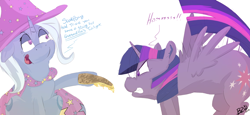 Size: 1600x733 | Tagged: safe, artist:bow2yourwaifu, derpibooru import, trixie, twilight sparkle, twilight sparkle (alicorn), alicorn, pony, unicorn, banter, behaving like a cat, cape, cheese, clothes, female, food, hat, hissing, mare, quesadilla, scared, simple background, they're just so cheesy, trixie's cape, trixie's hat, turophobia, white background