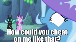 Size: 1280x720 | Tagged: safe, derpibooru import, edit, edited screencap, screencap, starlight glimmer, thorax, trixie, pony, unicorn, to where and back again, caption, clothes, female, glimax, hat, image macro, implied startrix, infidelity, male, mare, meme, shipping, straight, trixie yells at everything, trixie's hat