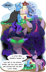 Size: 500x774 | Tagged: safe, artist:crowneprince, derpibooru import, trixie, twilight sparkle, alicorn amulet, dark magic, dialogue, simple background, sombra eyes, transparent background