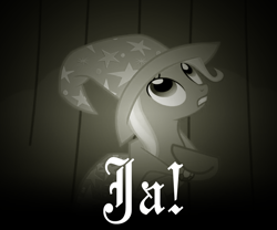 Size: 860x716 | Tagged: safe, derpibooru import, trixie, pony, unicorn, cape, clothes, female, german, hat, hoof on chest, looking up, mare, sepia, solo, teeth, text, trixie's cape, trixie's hat