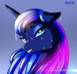 Size: 2743x2659 | Tagged: safe, artist:skyart301, princess luna, alicorn, pony, floppy ears, looking at you, smiling, solo, water, wet mane