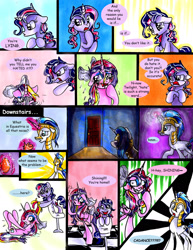 Size: 1682x2174 | Tagged: safe, artist:frostykat13, princess cadance, shining armor, twilight sparkle, alicorn, pony, unicorn, alternate hairstyle, armor, bow, comic, crossed hooves, crying, filly, floppy ears, frown, grin, magic, makeup, mascara, nervous, pouting, running makeup, smiling, wide eyes