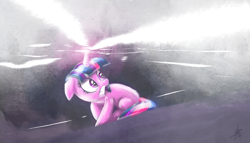 Size: 1024x587 | Tagged: safe, artist:sevour, derpibooru import, twilight sparkle, pony, unicorn, blank flank, female, gritted teeth, magic, scared, solo