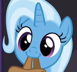 Size: 458x430 | Tagged: safe, derpibooru import, screencap, trixie, pony, to saddlebags and back again, to where and back again, black background, bust, cropped, cute, portrait, simple background, smiling, solo