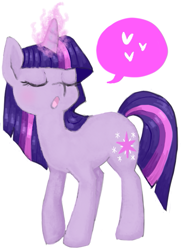 Size: 471x649 | Tagged: safe, artist:lalucca, derpibooru import, twilight sparkle, unicorn twilight, pony, unicorn, eyes closed, glowing horn, heart, horn, simple background, solo, speech bubble, white background