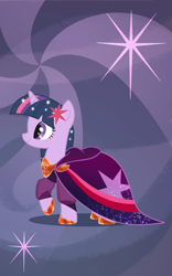 Size: 1263x2024 | Tagged: dead source, safe, artist:anima-dos, derpibooru import, twilight sparkle, pony, clothes, cutie mark accessory, dress, female, gala dress, hoof shoes, mare, smiling, solo