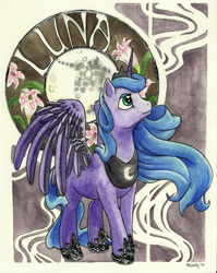 Size: 1000x1257 | Tagged: safe, artist:helicityponi, princess luna, alicorn, pony, female, mare, mare in the moon, modern art, moon, nouveau, solo, traditional art, watercolor painting