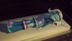 Size: 1920x1080 | Tagged: safe, artist:razethebeast, derpibooru import, trixie, equestria girls, 3d, bed, boots, clothes, crescent moon, high heel boots, jacket, moon, skirt, sleeping, solo, source filmmaker