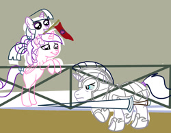 Size: 1280x991 | Tagged: safe, artist:kuromi, princess cadance, shining armor, twilight sparkle, alicorn, pony, unicorn, armor, fence, filly, incomplete, lance, palindrome get, weapon, wip, younger