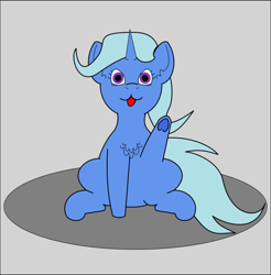 Size: 602x613 | Tagged: safe, artist:planetkiller, derpibooru import, trixie, pony, unicorn, :3, :p, chest fluff, cute, gray background, looking at you, no catchlights, simple background, sitting, solo, tongue out, underhoof