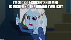 Size: 896x500 | Tagged: safe, derpibooru import, edit, edited screencap, screencap, trixie, equestria girls, rainbow rocks, caption, grammar error, image macro, meme, mouthpiece, op is a cuck, open mouth, solo, trixie yells at everything