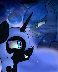 Size: 1024x1268 | Tagged: safe, artist:nika-rain, nightmare moon, princess luna, alicorn, pony, duality, female, horn, mare