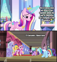 Size: 450x488 | Tagged: safe, edit, edited screencap, screencap, flash sentry, pinkie pie, princess cadance, rainbow dash, rarity, twilight sparkle, twilight sparkle (alicorn), alicorn, crystal pony, earth pony, pegasus, pony, unicorn, the crystal empire, three's a crowd, amethyst stone, armor, bags under eyes, crystal guard, crystal guard armor, female, guard, image macro, mare, meme, royal guard, train