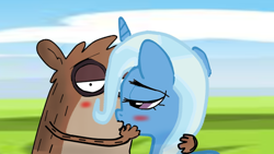 Size: 640x360 | Tagged: safe, artist:kaiamurosesei, derpibooru import, trixie, crossover, crossover shipping, kissing, regular show, rigby, shipping, trixby